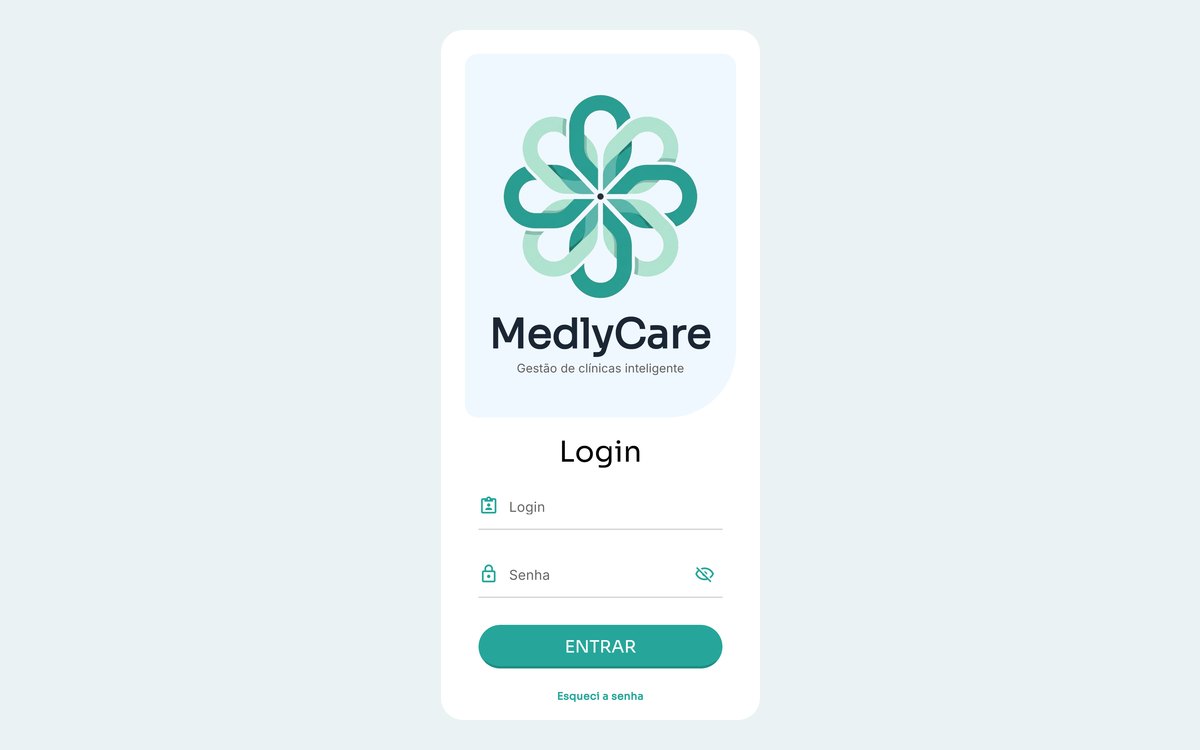 Tela de entrada do MedlyCare aberta no navegador de um celular, com a marca, os campos de login e senha e o botão de entrar ocupando a tela inteira