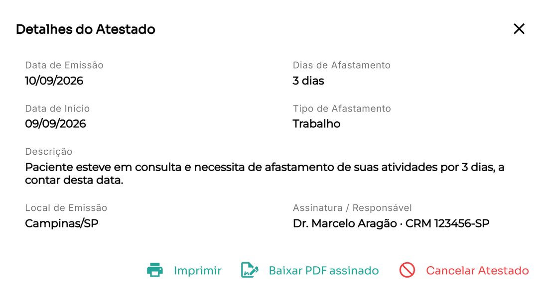 Tela de detalhes de um atestado no MedlyCare, com data de emissão, dias e tipo de afastamento, descrição, local de emissão, o profissional responsável com o CRM, e os botões de imprimir, baixar o PDF assinado e cancelar