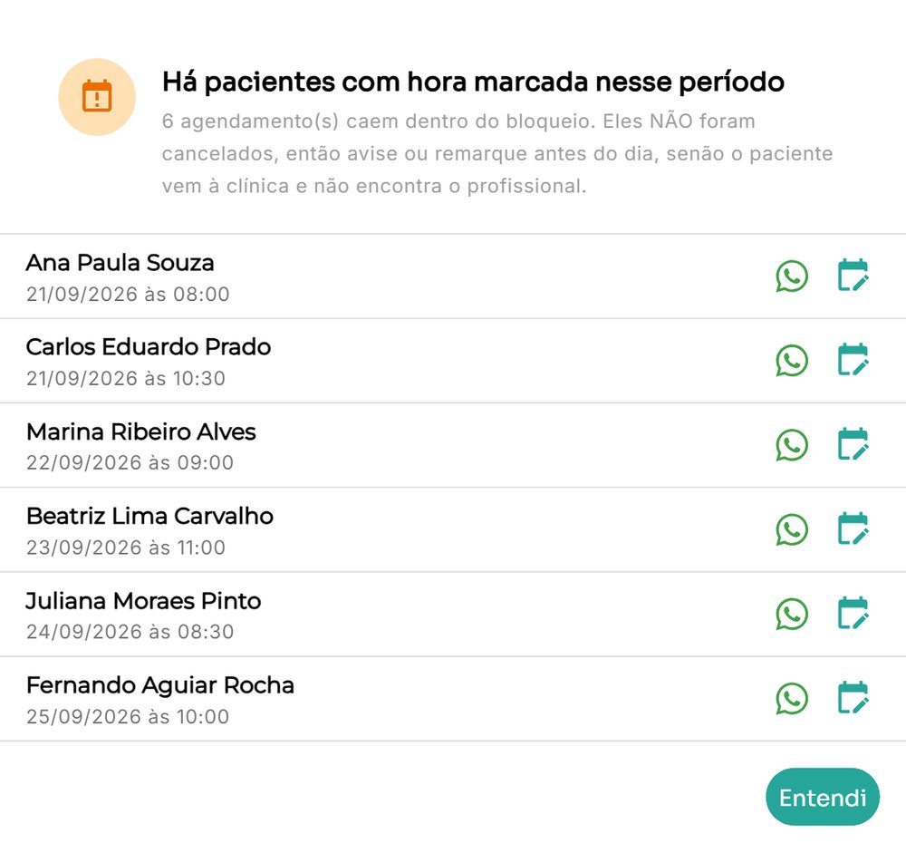 Aviso do MedlyCare listando os seis pacientes que tinham consulta marcada dentro do período bloqueado, cada um com data e hora e os botões de avisar pelo WhatsApp e de remarcar
