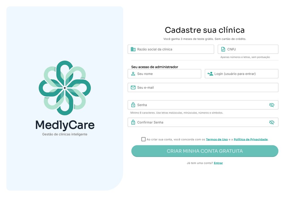 Tela de cadastro do MedlyCare, com os campos de razão social e CNPJ da clínica e os dados do administrador, e o aviso de três meses de teste grátis sem cartão de crédito
