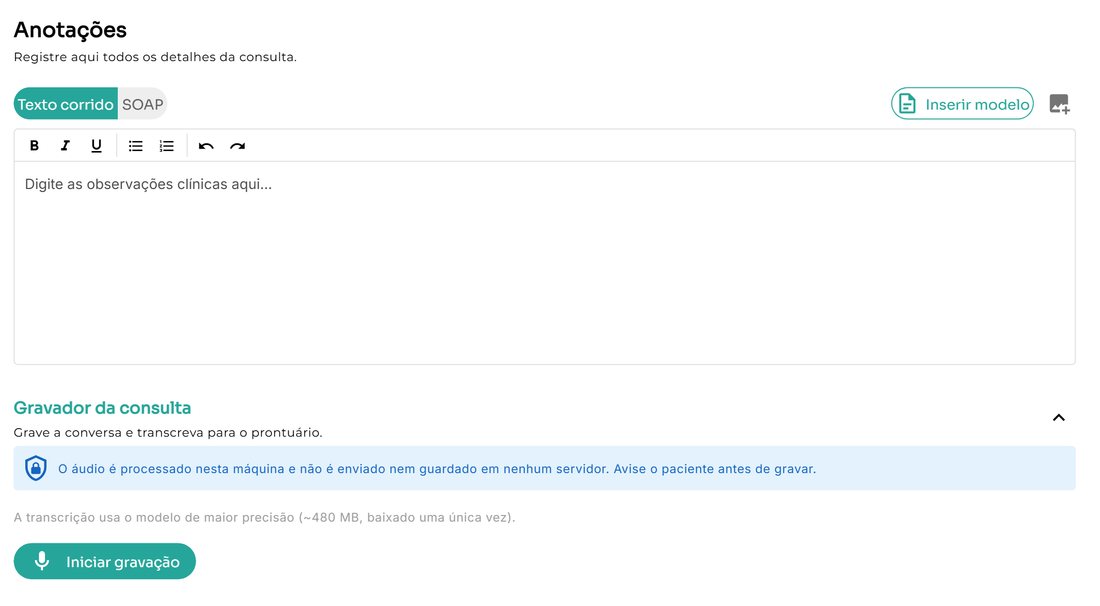 Tela de atendimento do MedlyCare com o editor do prontuário e o bloco do gravador da consulta, avisando que o áudio é processado na própria máquina e não é enviado nem guardado em nenhum servidor